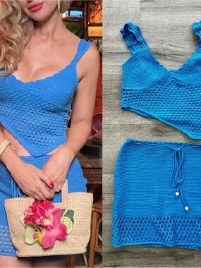 Bright Blue Crochet Crop Top - Women's Summer Knit Two Piece